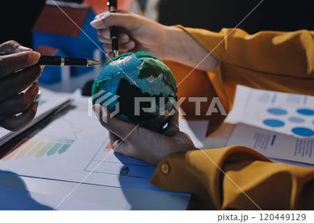 ESG environmental social governance display on laptop on eco-friendly company meeting with business people implementing environmental protection for clean and sustainable future ecology. Trailblazing 120449129