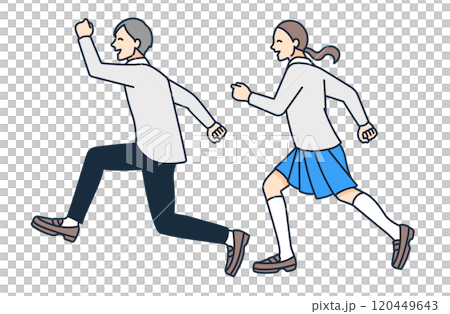 ブレザーを着た男子高生と女子高生が楽しくダッシュする。かわいい人物イラスト素材。 120449643