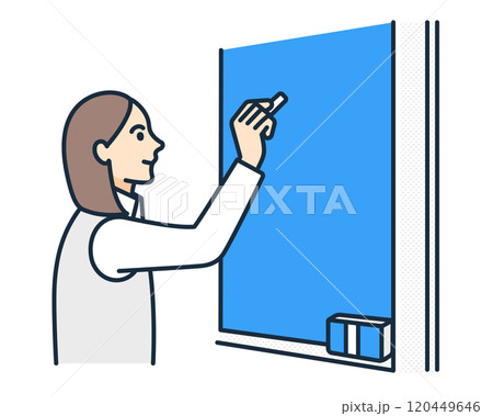 授業のワンシーン。黒板に答えを書く女子高生。学ぶ学生のベクターイラスト素材。 120449646