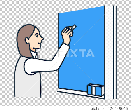 授業のワンシーン。黒板に答えを書く女子高生。学ぶ学生のベクターイラスト素材。 120449646