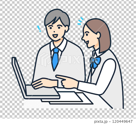 A male and female student are studying together on a computer. Illustration of a student studying. A male and female student are studying together on a computer. Illustration of a student studying. 120449647