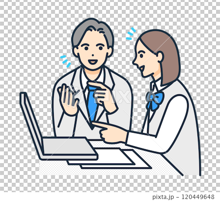 使用計算機的課程。一名高中女生和她的老師一起學習的插畫材料。 使用計算機的課程。一名高中女生和她的老師一起學習的插畫材料。 120449648