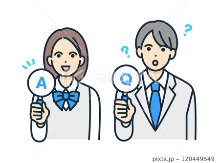よくある質問と答え。Q&Aの札を持つ男女の学生のイラスト素材。 120449649