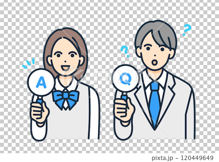 よくある質問と答え。Q&Aの札を持つ男女の学生のイラスト素材。 120449649
