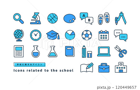 教育、学校、学習に関するアイコンのセット。シンプルでかわいいベクターイラスト素材。 教育、学校、学習に関するアイコンのセット。シンプルでかわいいベクターイラスト素材。 120449657