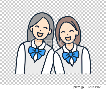 高中生的學校生活。朋友微笑並共度時光的插圖。 高中生的學校生活。朋友微笑並共度時光的插圖。 120449659
