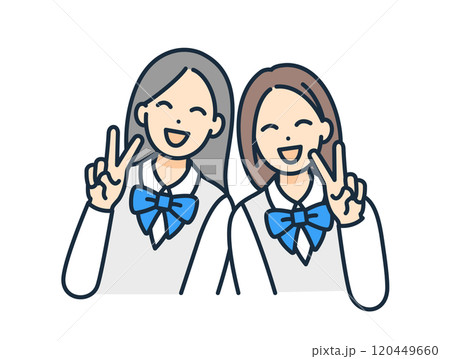 ピースサインをする女子高生。クラスメイトと明るく笑う女の子のベクターイラスト素材。 120449660