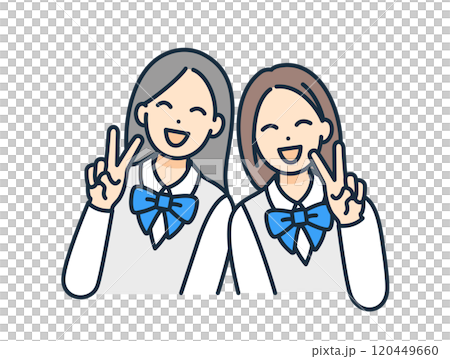 ピースサインをする女子高生。クラスメイトと明るく笑う女の子のベクターイラスト素材。 120449660
