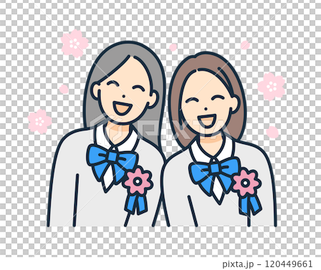 4月慶祝入學典禮的女孩。胸前戴著胸花的高中女生的向量插圖。 120449661