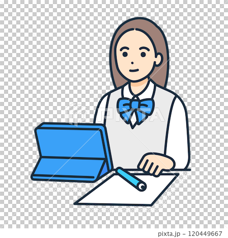 A teenage student doing homework using a tablet. Vector illustration of a girl studying. 120449667