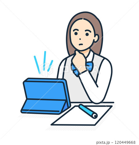考える女の子。タブレットで学習する制服姿の女子高生のイラスト。 考える女の子。タブレットで学習する制服姿の女子高生のイラスト。 120449668