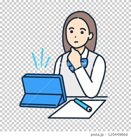 考える女の子。タブレットで学習する制服姿の女子高生のイラスト。 考える女の子。タブレットで学習する制服姿の女子高生のイラスト。 120449668