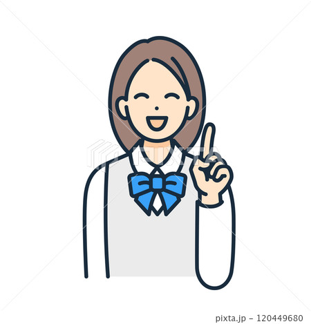 学生服姿の女の子が正面を向いて指を指す線画イラスト素材。 120449680
