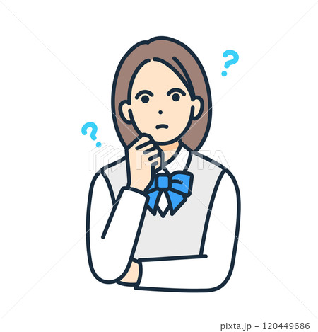 考える女の子。顎に手をあてて思案する女子高生のベクターイラスト素材。 120449686