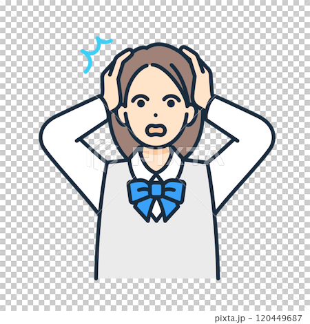制服を着た女の子が頭を抱えるイラスト。慌てる学生のベクター素材。 120449687