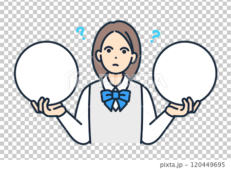 A high school student wearing a blazer is thinking deeply. Vector illustration of a girl who is confused about what to choose. A high school student wearing a blazer is thinking deeply. Vector illustration of a girl who is confused about what to choose. 120449695