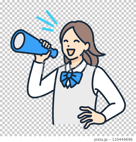 A woman in a school uniform cheers with a megaphone. Vector illustration of a girl cheering. 120449696