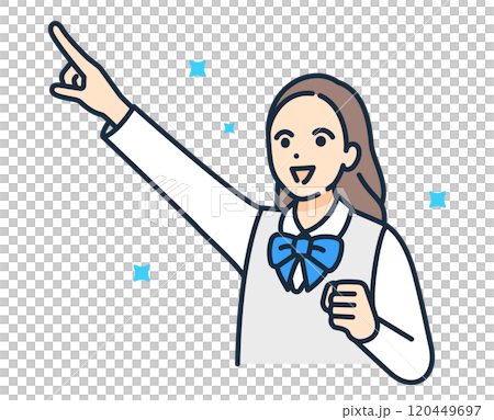 制服姿の中学生が指を指す。キラキラ輝く未来をイメージしたベクターイラスト素材。 120449697