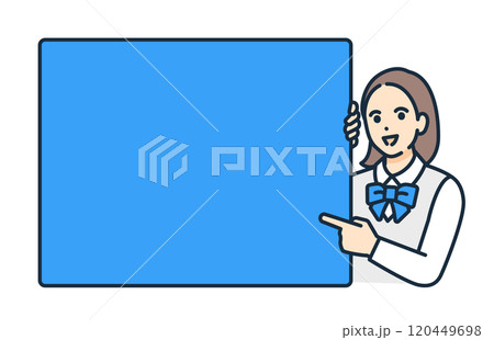 ブレザー姿の女子高生が大事なポイントを解説。テキストスペースが確保されたベクターイラスト素材。 ブレザー姿の女子高生が大事なポイントを解説。テキストスペースが確保されたベクターイラスト素材。 120449698