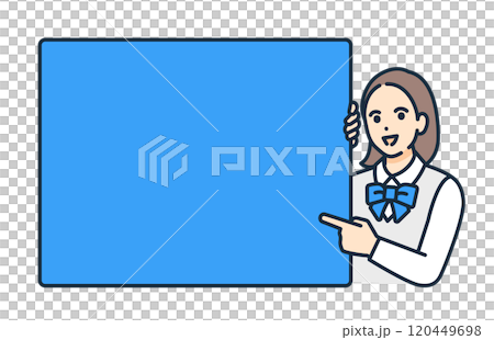 ブレザー姿の女子高生が大事なポイントを解説。テキストスペースが確保されたベクターイラスト素材。 ブレザー姿の女子高生が大事なポイントを解説。テキストスペースが確保されたベクターイラスト素材。 120449698
