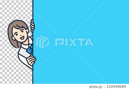 A girl in a school uniform peers in. Vector illustration of a high school girl peeking out from behind a wall. 120449699