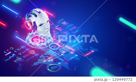 AI chat bot technology concept. Robot, chat bot head hanging over digital map of world. Development Artificial intelligence support service. AI chatbot support online users all world through internet. AI chat bot technology concept. Robot, chat bot head hanging over digital map of world. Development Artificial intelligence support service. AI chatbot support online users all world through internet. 120449772