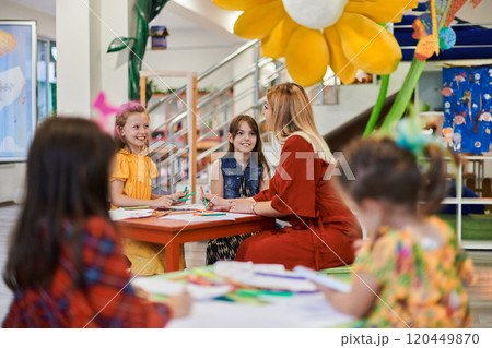 Creative kids during an art class in a daycare center or elementary school classroom drawing with female teacher. 120449870