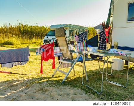 Clothes hanging to dry outdoor. Camping Clothes hanging to dry outdoor. Camping 120449897