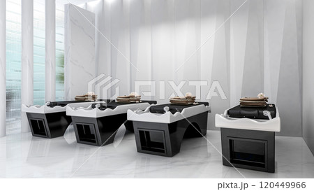 Modern Salon Shampoo Beds in Luxury Hair Salon Interior, 3D Rendering 120449966