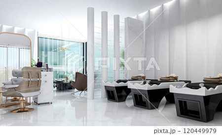 Modern Salon Shampoo Beds in Luxury Hair Salon Interior, 3D Rendering Modern Salon Shampoo Beds in Luxury Hair Salon Interior, 3D Rendering 120449979