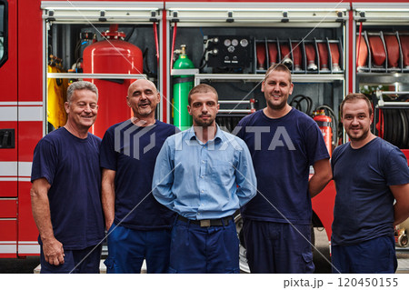A skilled and dedicated professional firefighting team proudly poses in front of their state of the art firetruck, showcasing their modern equipment and commitment to ensuring public safety. A skilled and dedicated professional firefighting team proudly poses in front of their state of the art firetruck, showcasing their modern equipment and commitment to ensuring public safety. 120450155