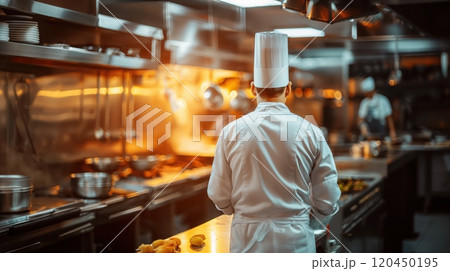 A chef in a white uniform stands in a modern kitchen, rear view, and prepares food, kitchen equipment in the background 120450195
