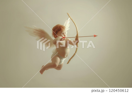 cute curly baby cupid shoots an arrow from his bow, valentines day 120450612