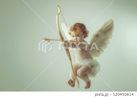 cute curly baby cupid shoots an arrow from his bow, valentines day cute curly baby cupid shoots an arrow from his bow, valentines day 120450614