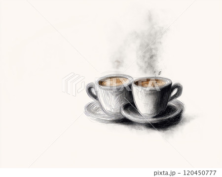 Artistic digital sketch of two steaming coffee cups on saucers with a minimalistic style 120450777