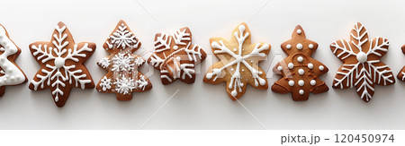 set of Christmas gingerbread cookies in a row on a white background 120450974