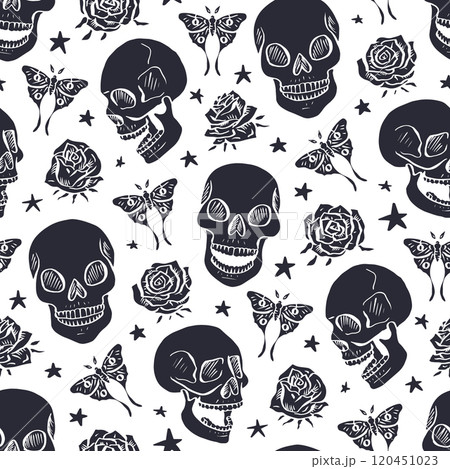 Seamless pattern with hand drawn inky floral skulls surrounded by luna moths and roses 120451023