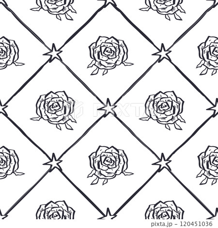 Seamless pattern with hand drawn black and white rose flowers inside trellis 120451036