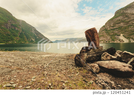 Bonfire and fjord landscape, Norway 120451241