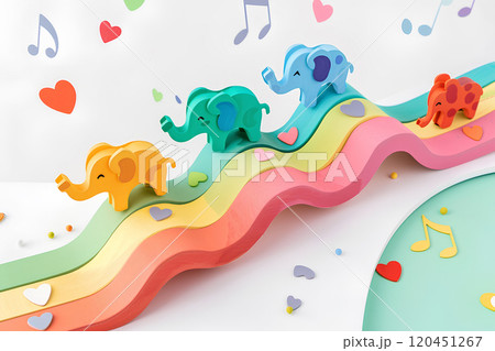 滑り台で遊ぶゾウさんたち 120451267