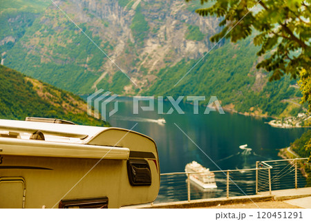 Camper over fjord Geirangerfjord, Norway Camper over fjord Geirangerfjord, Norway 120451291