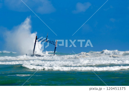 Storm at sea and sunken ship wreck 120451375
