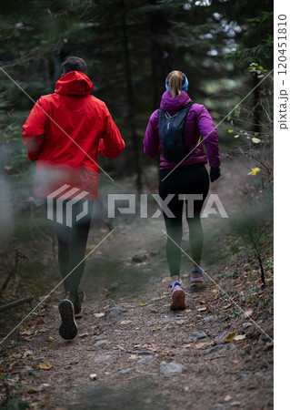 trail running with a sporty couple in the magic forest in early morning 120451810