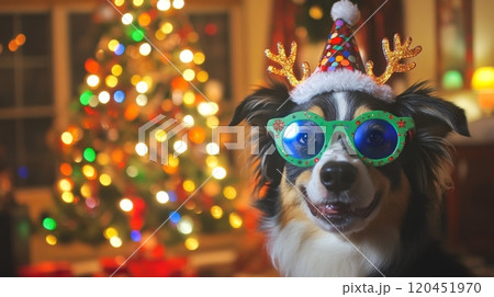Playful Dog with Festive Antler Glasses and Green Bow in Front of Cozy Christmas Tree with Bokeh Lights 120451970