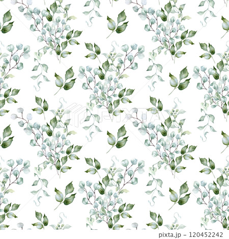 Watercolor foliage seamless pattern in sage green colors isolated. Eucalyptus branches and holly leaves on delicate repeated texture in soft green hand painted. Greenery background design textile. Watercolor foliage seamless pattern in sage green colors isolated. Eucalyptus branches and holly leaves on delicate repeated texture in soft green hand painted. Greenery background design textile. 120452242