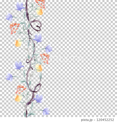 Vertical seamless border of tree branches with floral elements watercolor isolated. Twigs on repeated pattern with delicate blue red blooms hand drawn. Nature design of simple botanical art for cards. Vertical seamless border of tree branches with floral elements watercolor isolated. Twigs on repeated pattern with delicate blue red blooms hand drawn. Nature design of simple botanical art for cards. 120452252