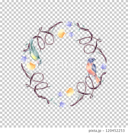 Romantic circle frame of shaped heart by twig in watercolor painted isolated. Delicate wreath of branches, simple flowers and birds hand drawn. Elements for natural designs, Valentine, rustic wedding Romantic circle frame of shaped heart by twig in watercolor painted isolated. Delicate wreath of branches, simple flowers and birds hand drawn. Elements for natural designs, Valentine, rustic wedding 120452253