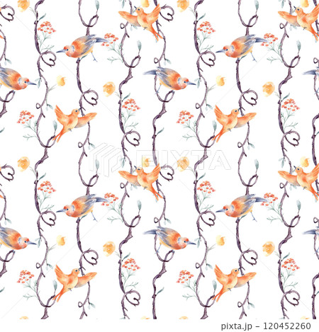 Birds on tree vertical seamless pattern by watercolor isolated. Branches form of heart with neutral flowers and birds on repeating background hand drawn. Nature wallpaper with birds and plants Birds on tree vertical seamless pattern by watercolor isolated. Branches form of heart with neutral flowers and birds on repeating background hand drawn. Nature wallpaper with birds and plants 120452260