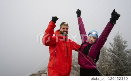 Runner couple having fun after trail cross-country trail running training Runner couple having fun after trail cross-country trail running training 120452380