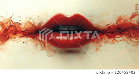 An image of red lips blowing a kiss in the air on a white background 120452402
